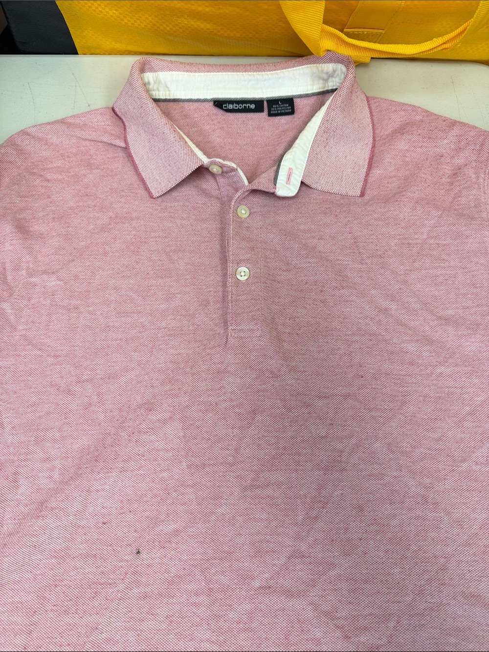 Claiborne Men's Heather Pink Polo with Contrast Trim large 80% cotton 20% po
